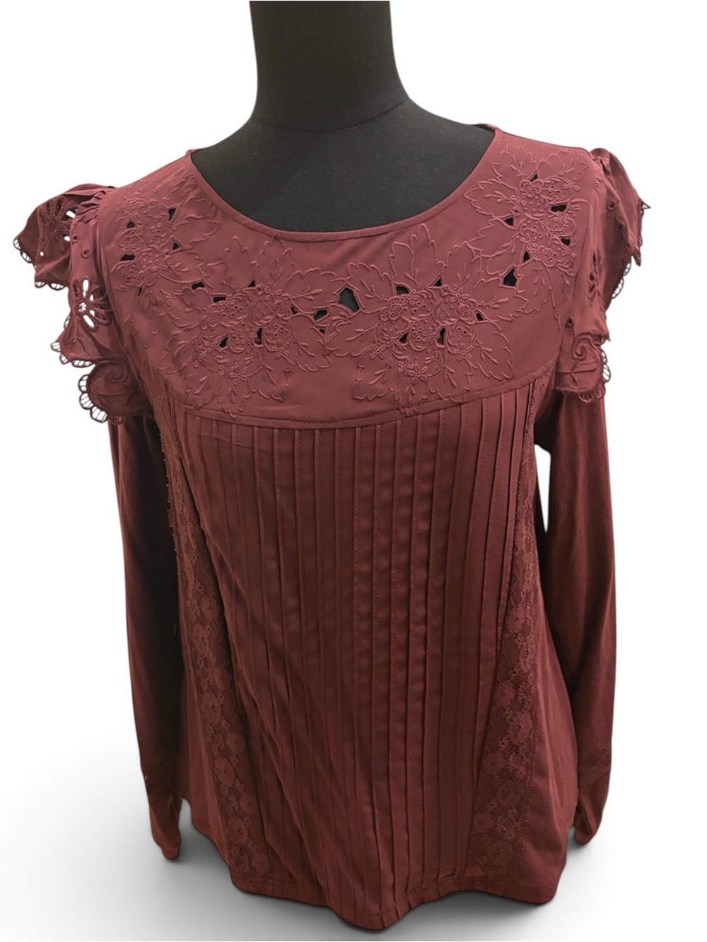 Anthropologie Tiny Brand Long Sleeve Cutout Trim Blouse in Burgundy NWT Size SM